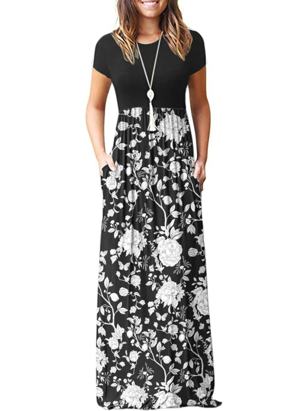 Women's Bloomed Flowers Short Sleeve Loose Plain Maxi Pockets Casual Long Dresse